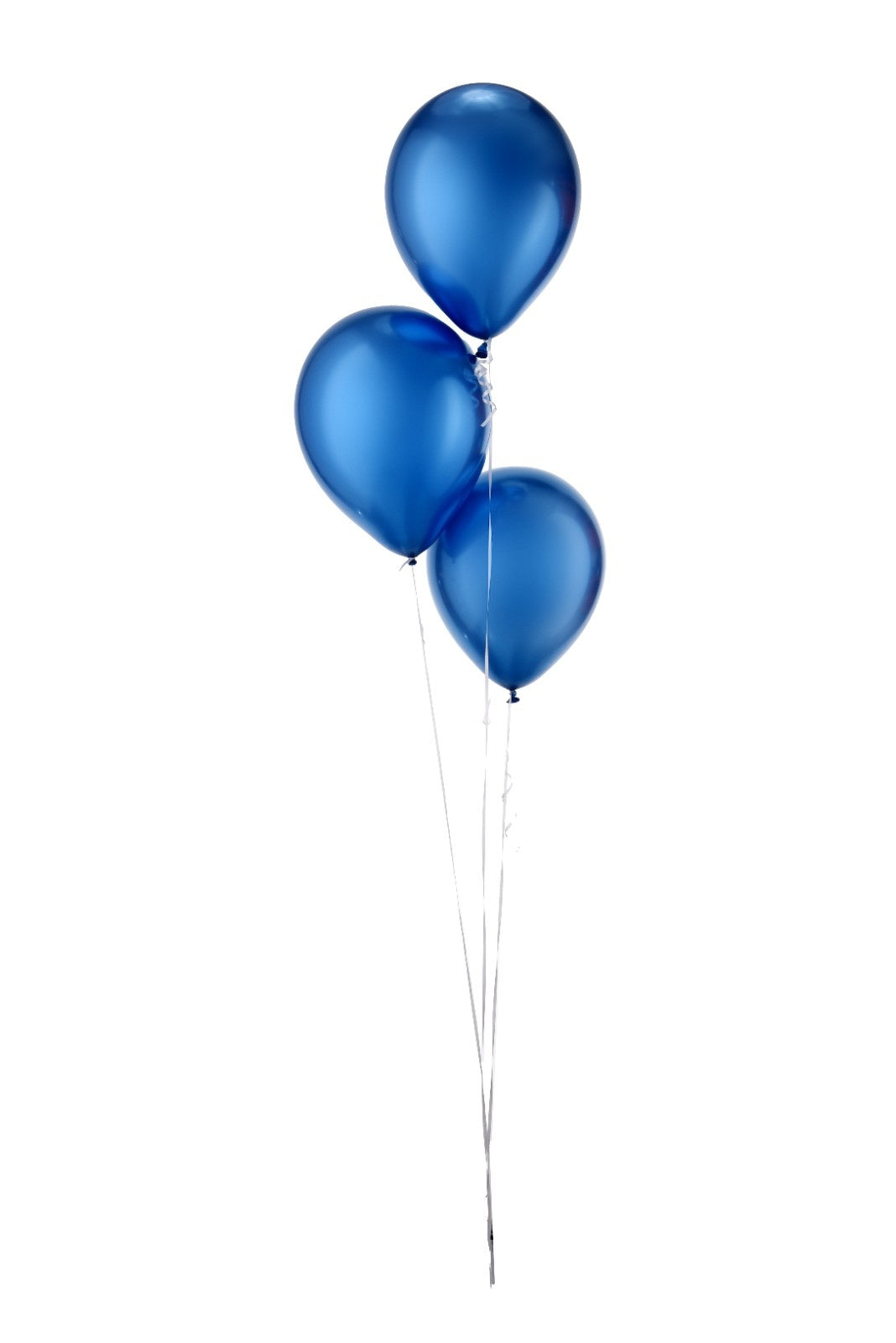 Three glossy blue balloons tied together with white ribbons against white background.