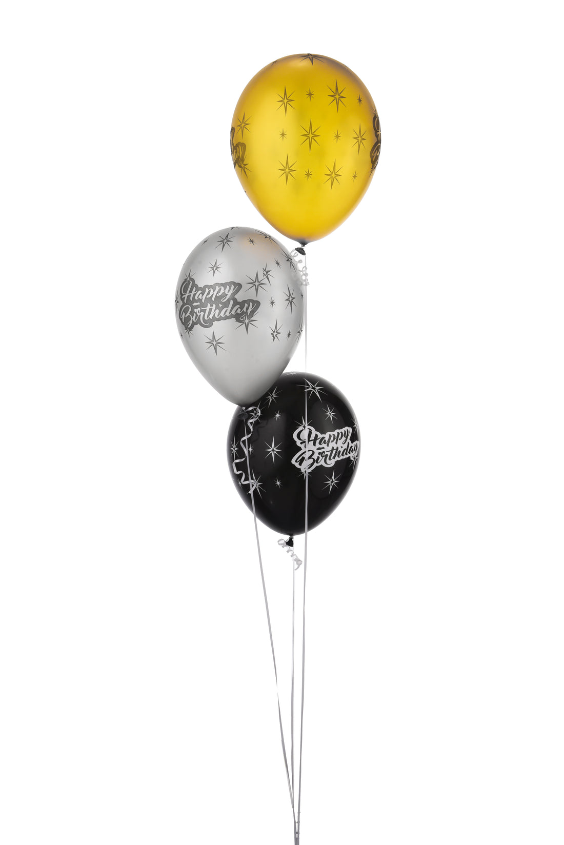 Three metallic balloons—gold, silver, black—with star patterns and "Happy Birthday" text.