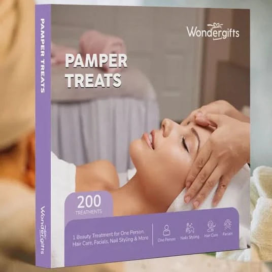 Purple spa gift box featuring serene facial massage, 200 treatments for self-care.