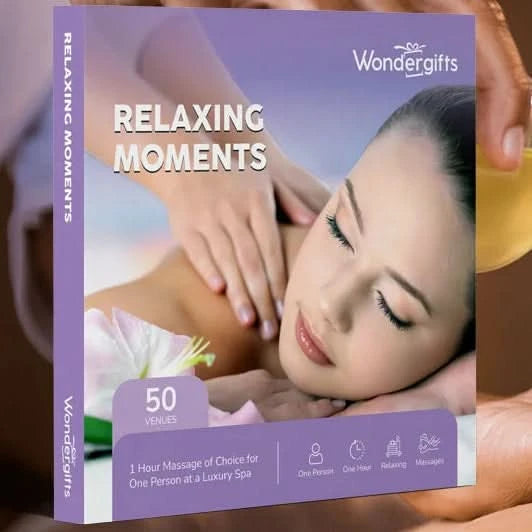 Purple spa gift box: serene massage scene, 50 venues, luxury relaxation.
