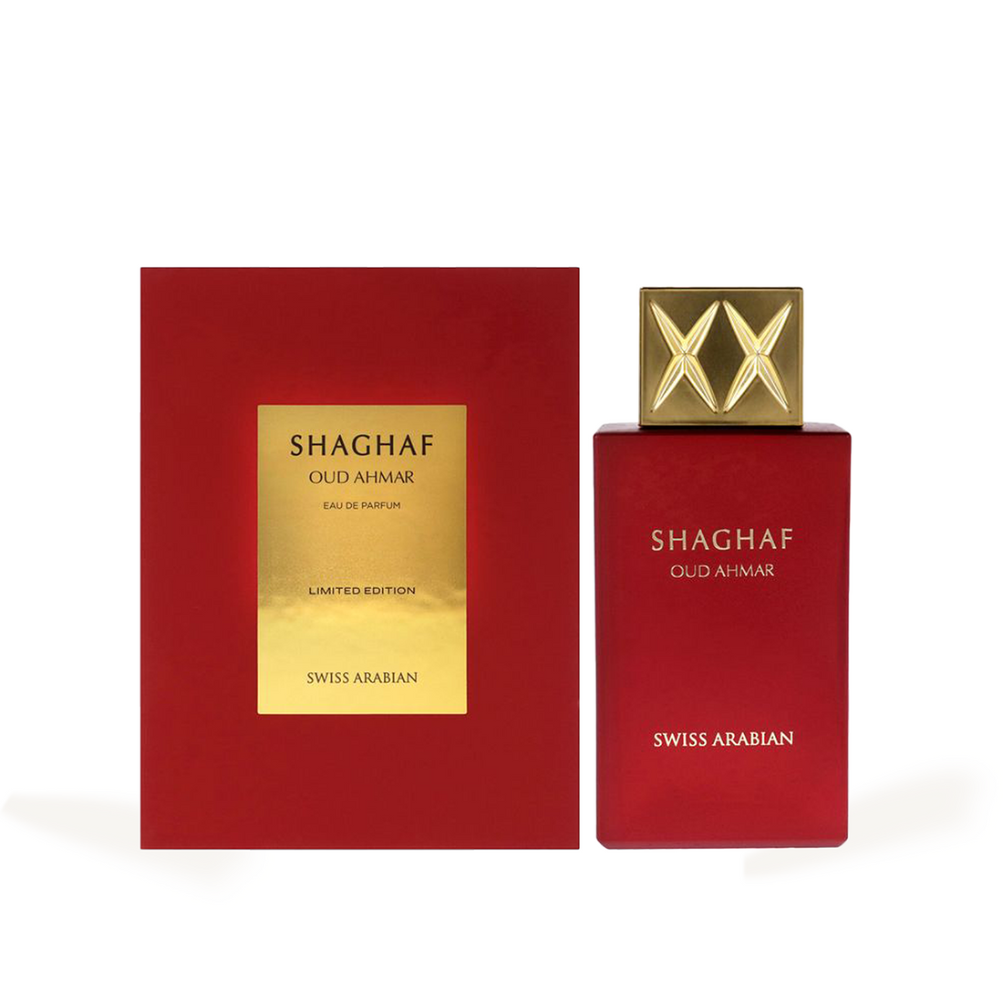 Luxurious red bottle and box with gold accents, featuring "Shaghaf Oud Ahmar" Limited Edition.