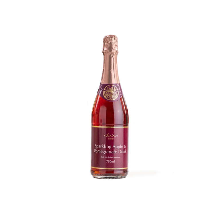 Elegant 750ml bottle of Sparkling Apple &amp; Pomegranate Drink, rich red hue, gold foil cap.