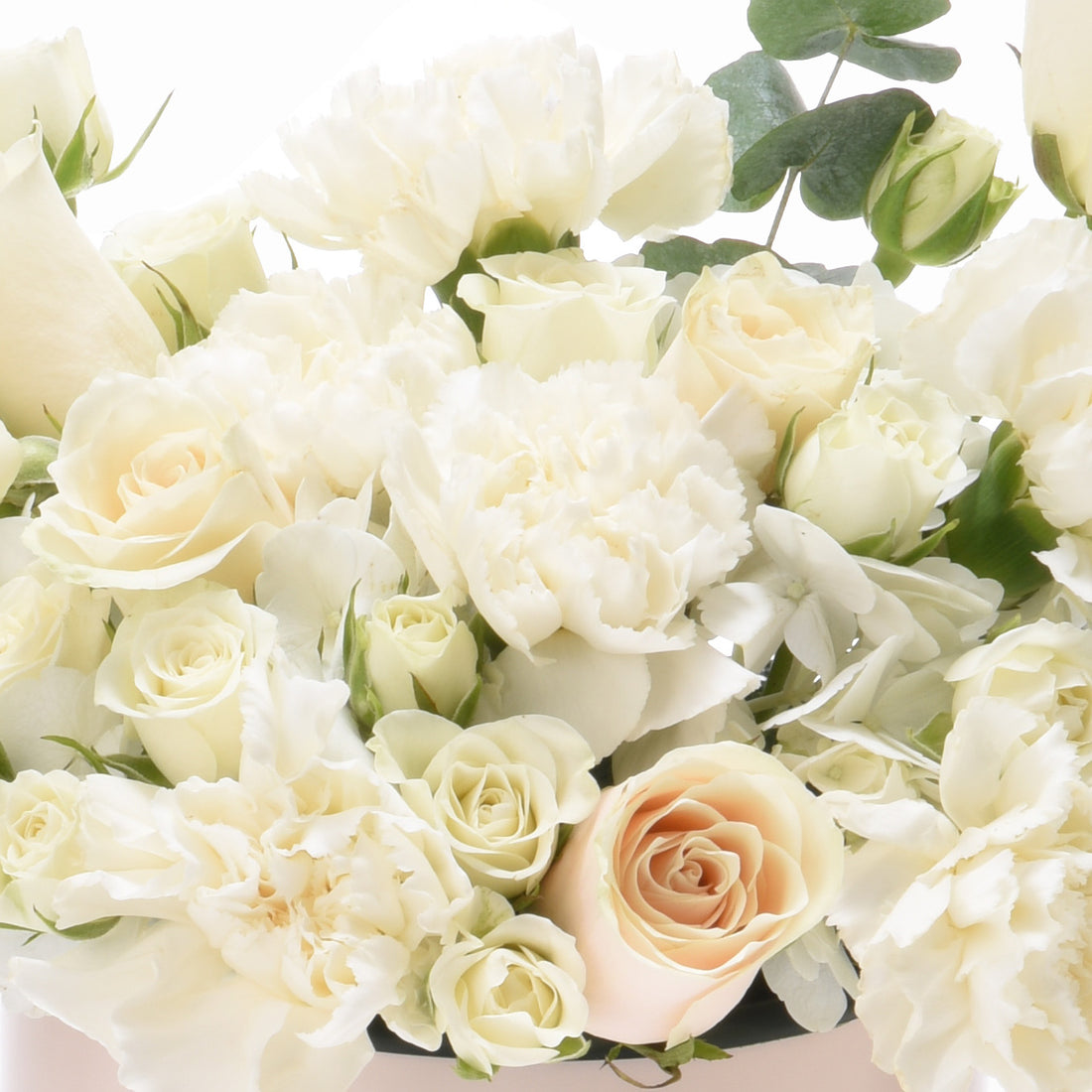 Elegant white and blush rose bouquet with lush greenery, soft lighting.