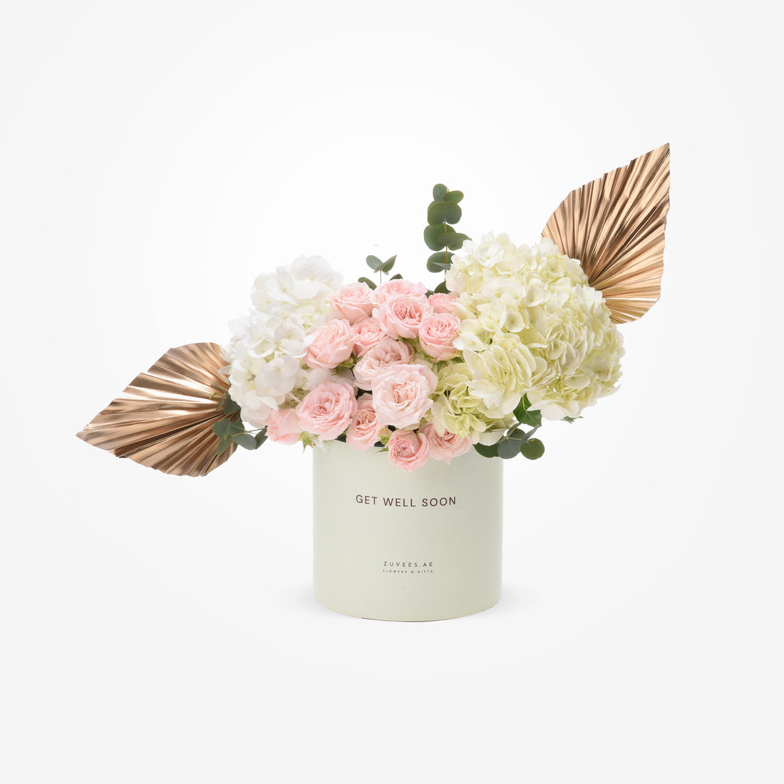 Pastel pink roses and hydrangeas in mint box with gold leaf accents.