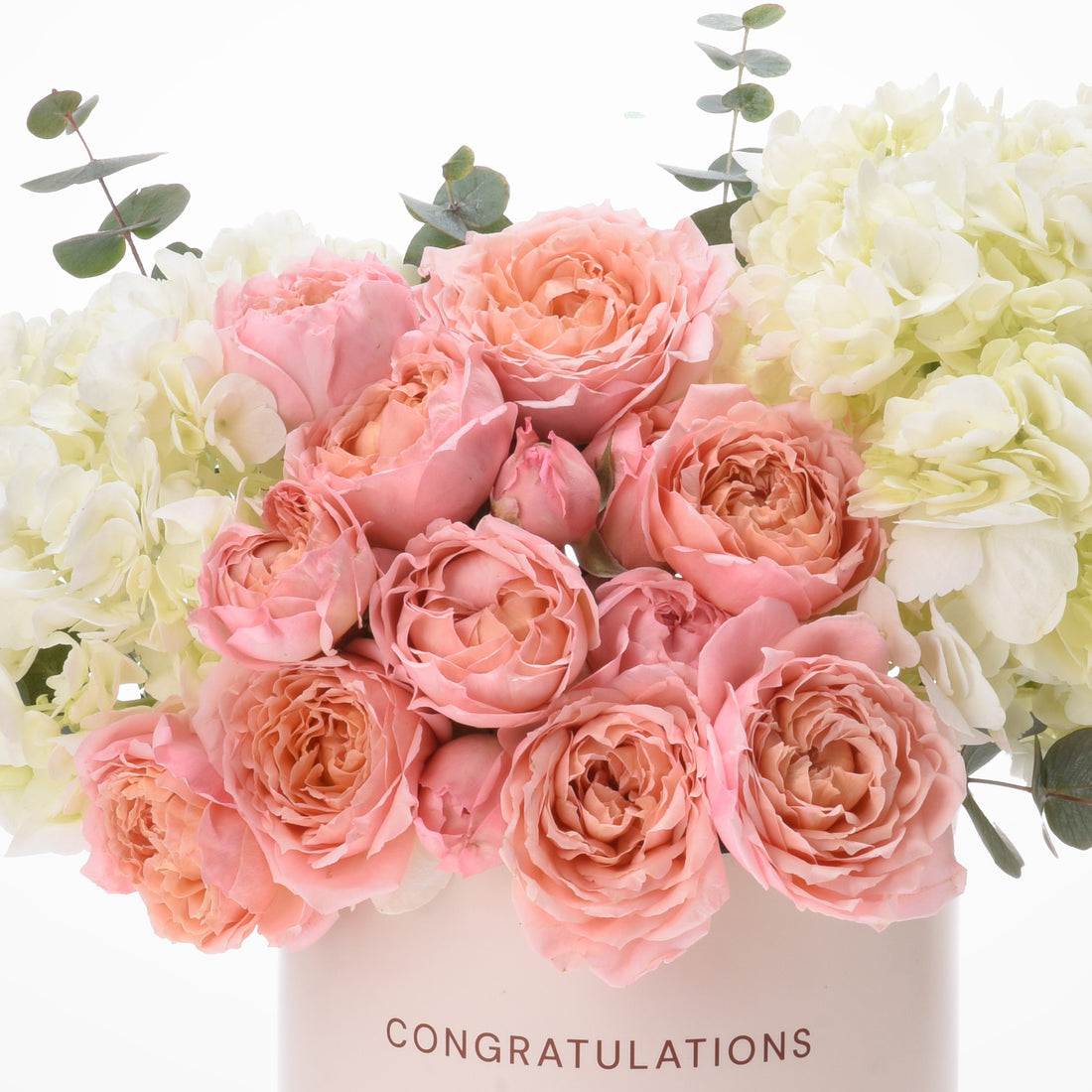 Pink roses, white hydrangeas, eucalyptus in cream vase with "CONGRATULATIONS" text.