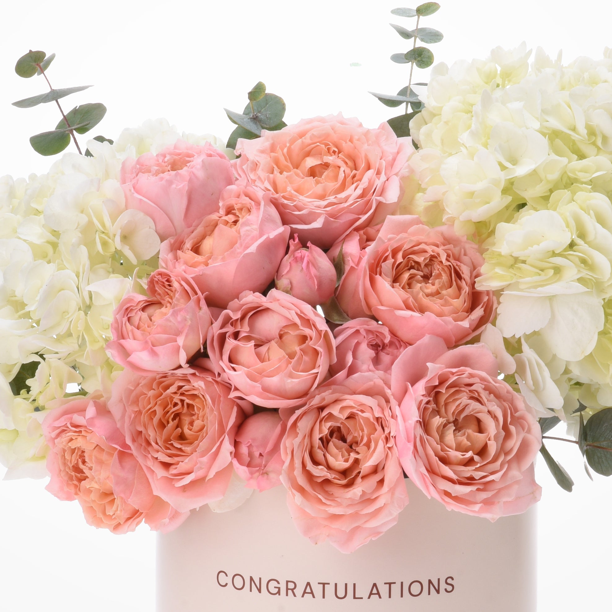 Pink roses, white hydrangeas, eucalyptus in cream vase with "CONGRATULATIONS" text.