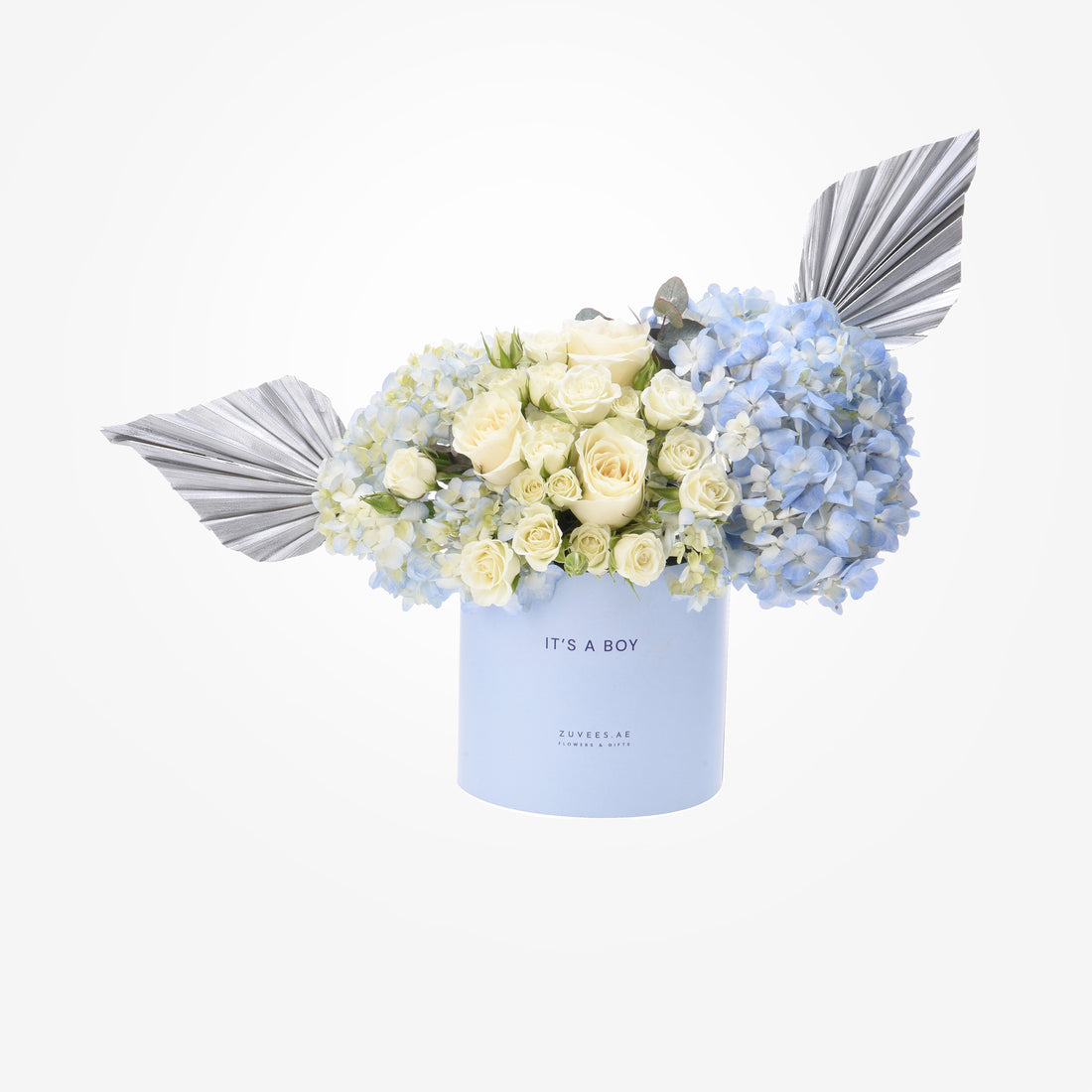 Light blue box with white roses and hydrangeas, silver fan wings, "It&
