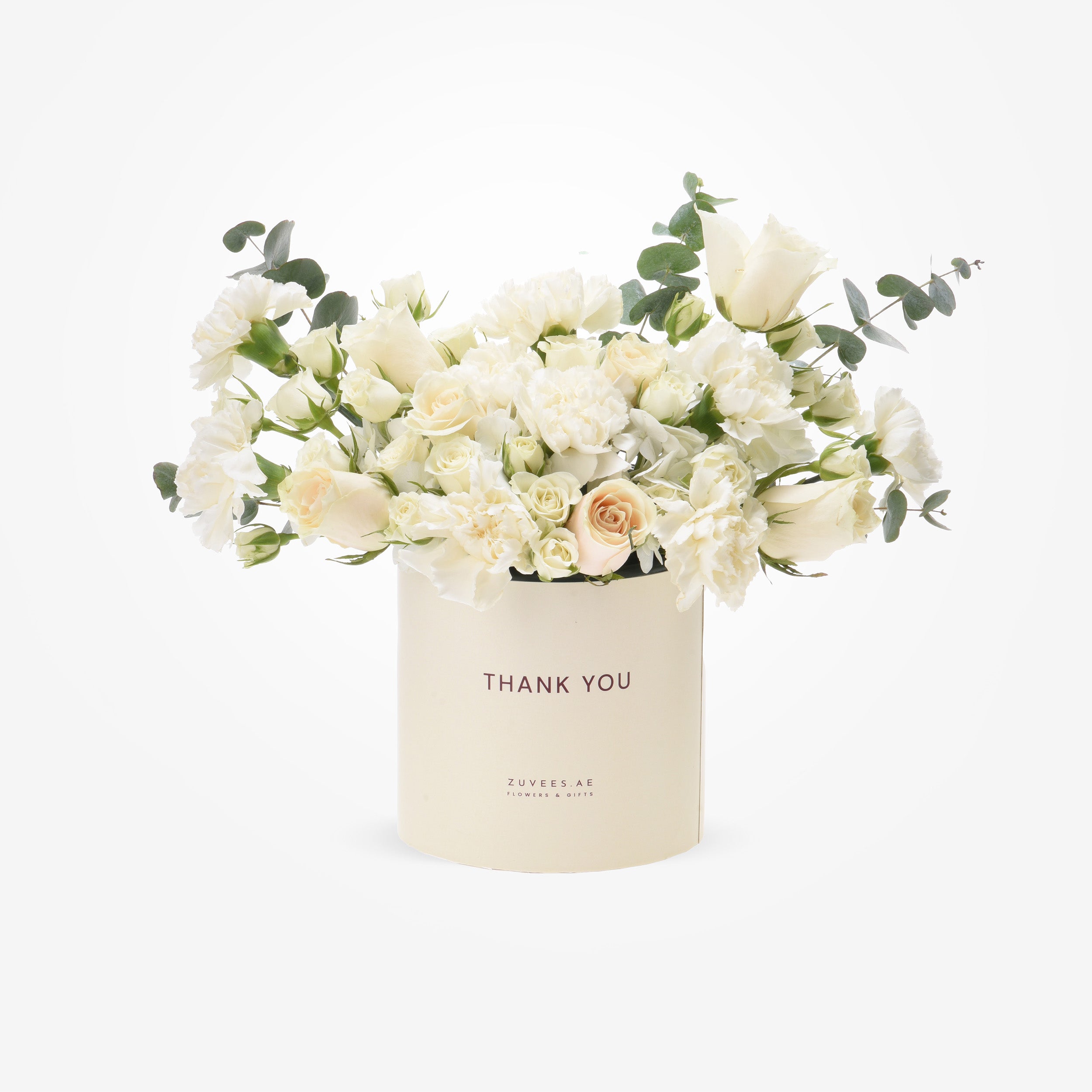 Elegant white rose and carnation bouquet in cream "Thank You" gift box.