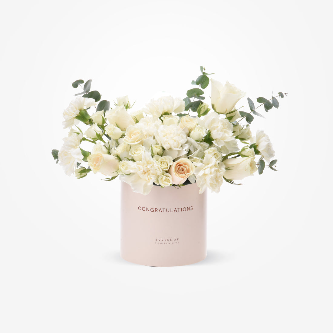 Elegant white rose and eucalyptus bouquet in blush "Congratulations" cylinder.
