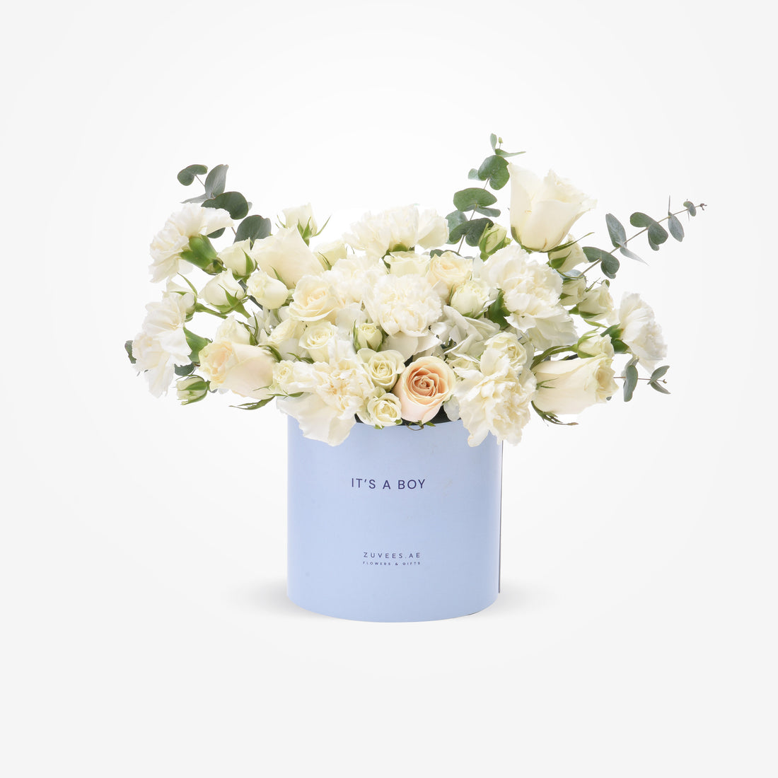 Elegant white roses and carnations in a soft blue "It&