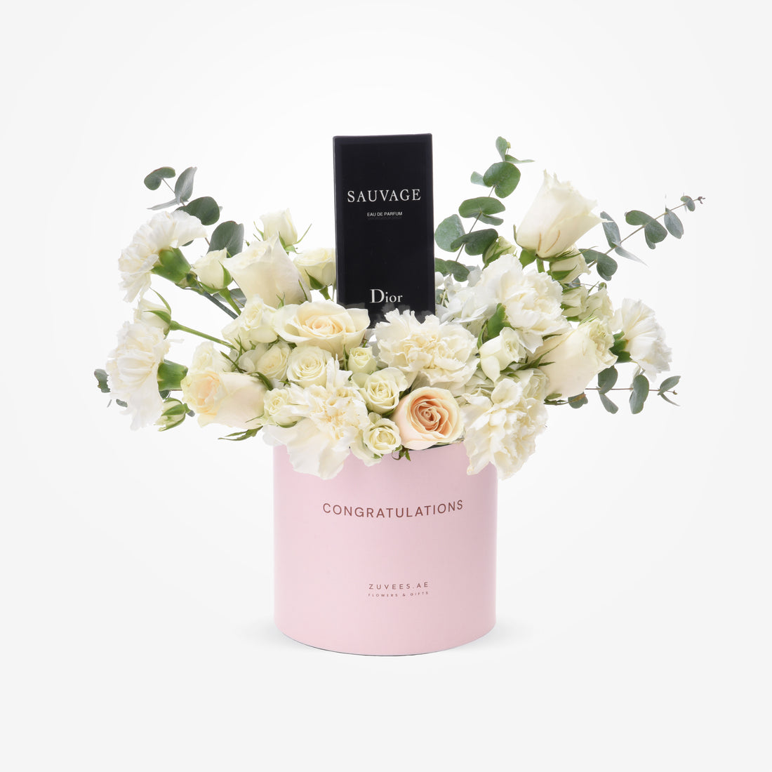 Elegant white roses and eucalyptus in pink "Congratulations" box with Dior Sauvage perfume.