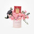 Pink roses, carnations, eucalyptus, graduation cap, Shaghaf perfume in blush gift box.