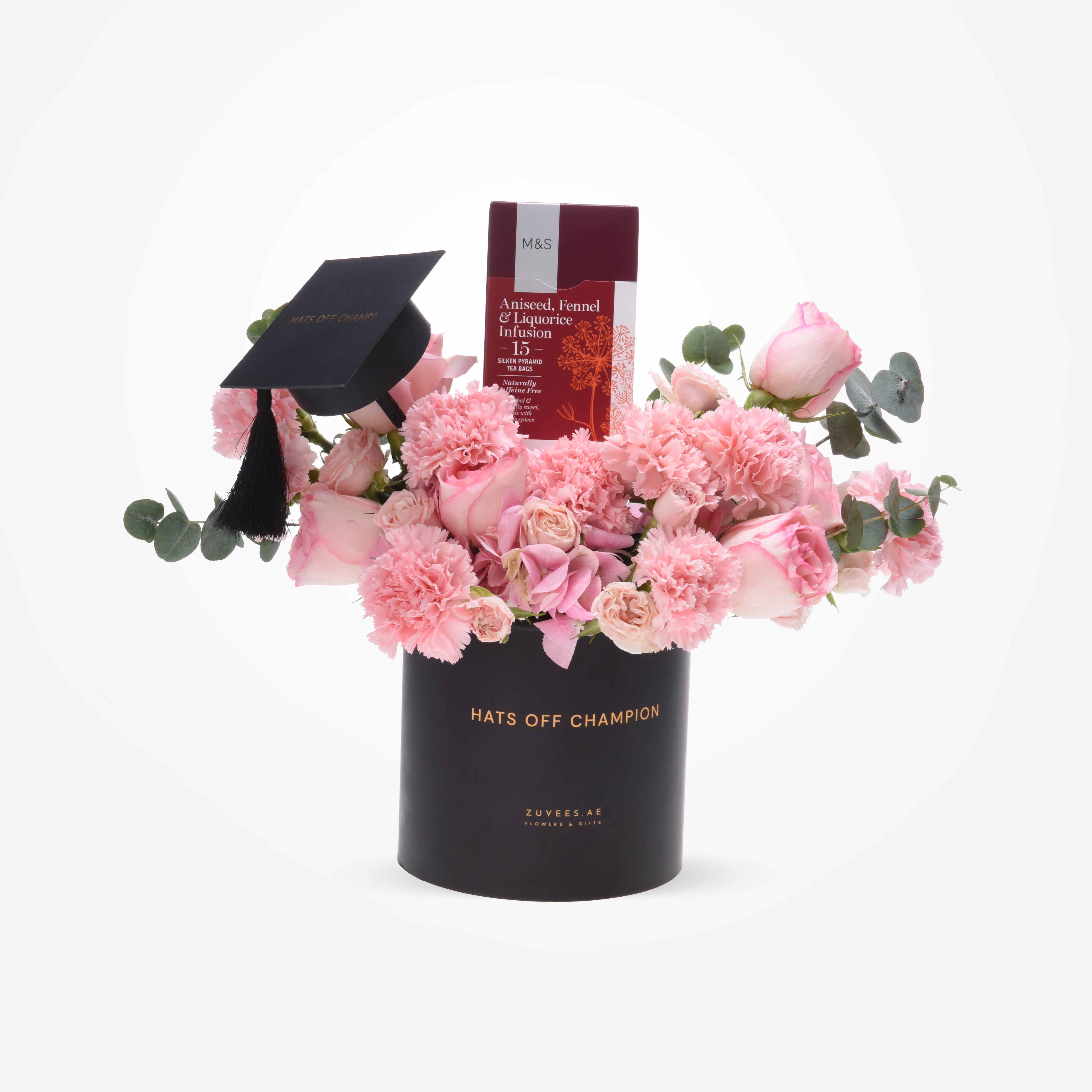 Black graduation cap atop pink roses and carnations in sleek black vase with "Hats Off Champion" text.