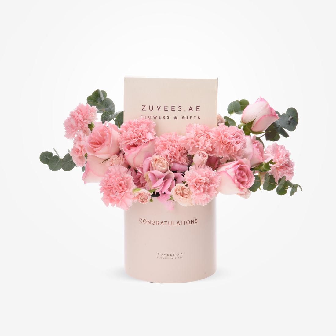 Soft pink roses and carnations in elegant "Congratulations" cylinder gift box.