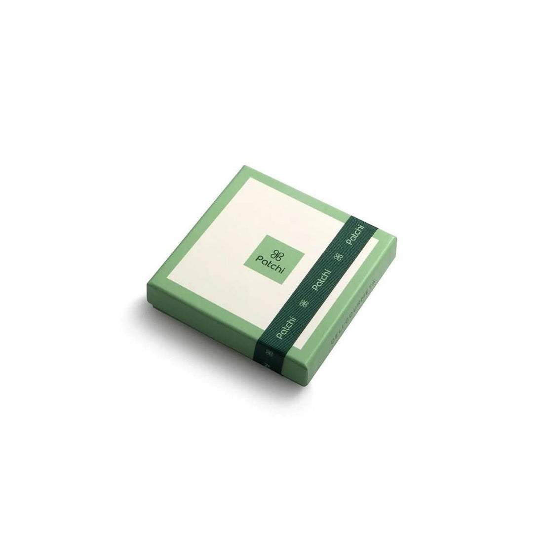 Minimalist green Patchi chocolate box with elegant ribbon and clean typography.