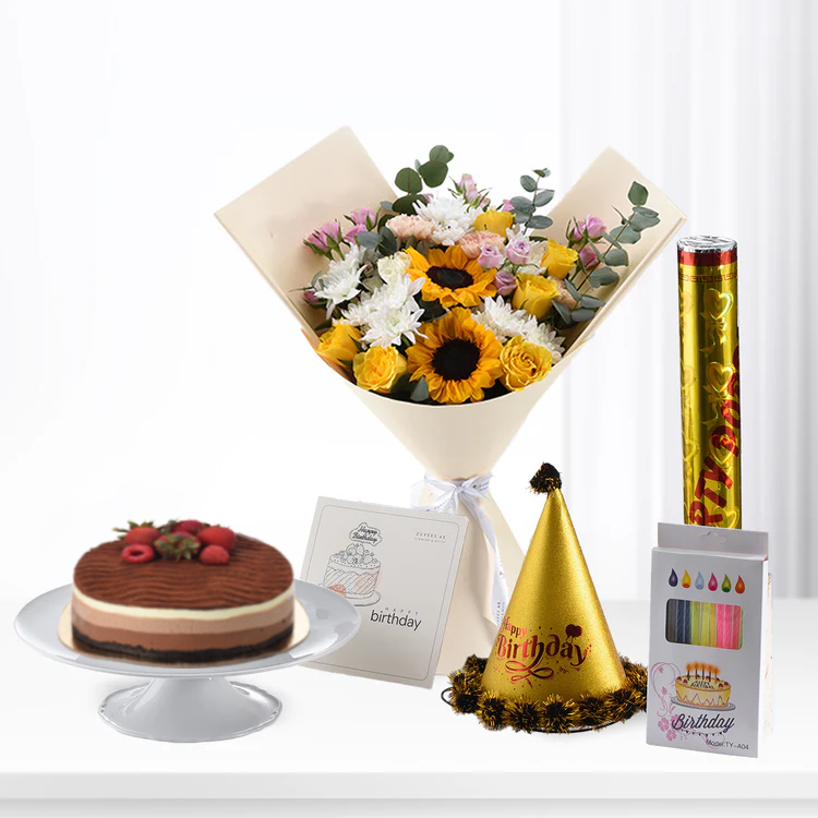 Vibrant sunflower bouquet, chocolate cake, gold party hat, and festive confetti cannon.