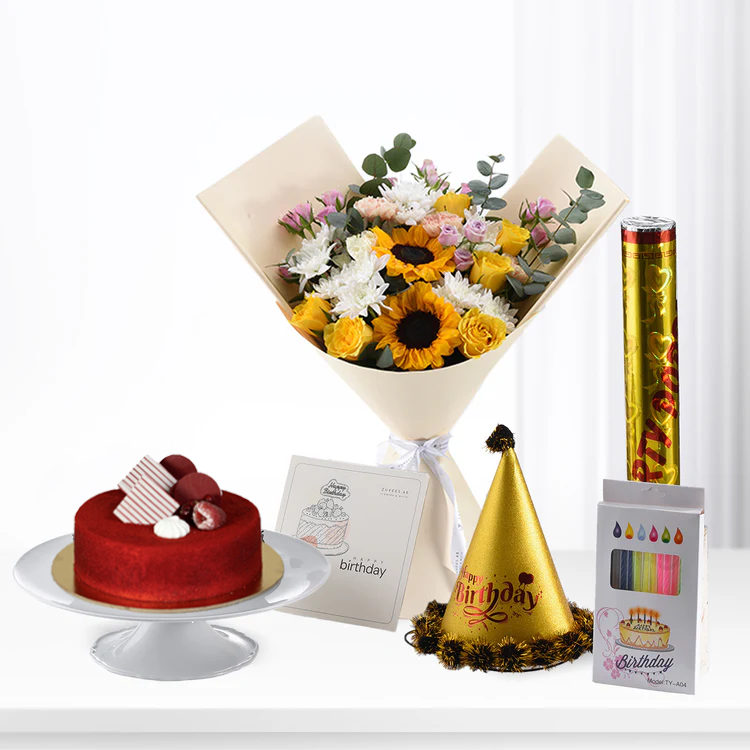 Vibrant sunflowers, red velvet cake, gold party hat, birthday confetti cannon.