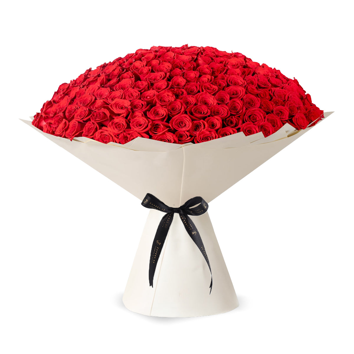 Vibrant red roses in cream paper, elegantly tied with black ribbon.