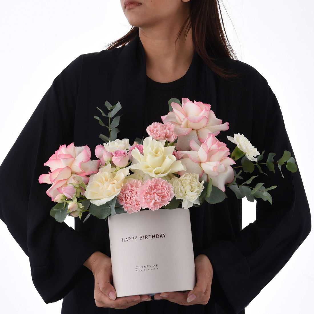 Pink and white roses with carnations in elegant white "Happy Birthday" gift box.