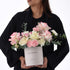 Pink and white roses with carnations in elegant white "Happy Birthday" gift box.