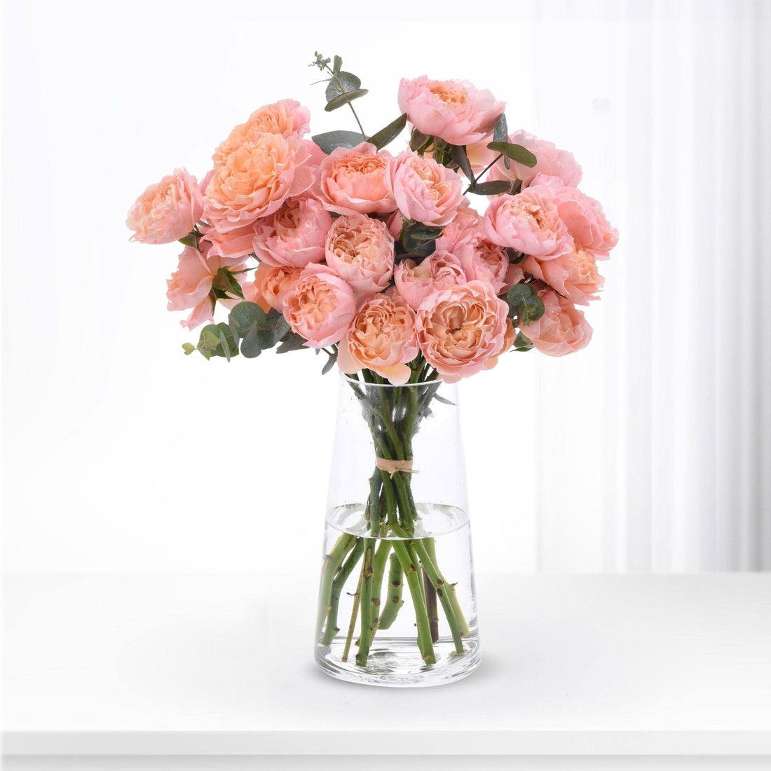 Pink roses in clear glass vase, soft lighting, minimalist decor.