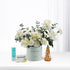 White roses and eucalyptus in mint vase with honey, throat lozenges, and electrolyte for recovery.