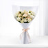 Elegant white rose bouquet wrapped in crisp paper, tied with blush ribbon, perfect for gifts.