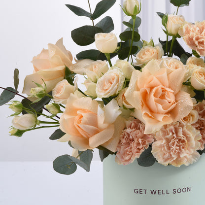 Soft peach roses and carnations with dewdrops in mint vase, "Get Well Soon" message.