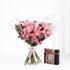 Soft pink roses in clear wrap, paired with elegant gift box.