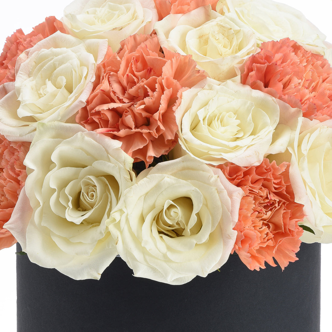 Cream roses and coral carnations in sleek black vase.