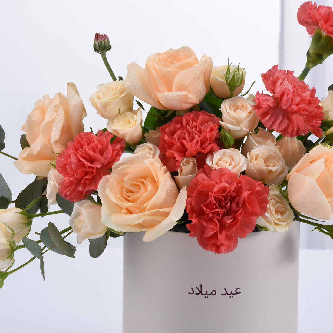 Soft peach roses and coral carnations glisten with dewdrops in minimalist white vase.