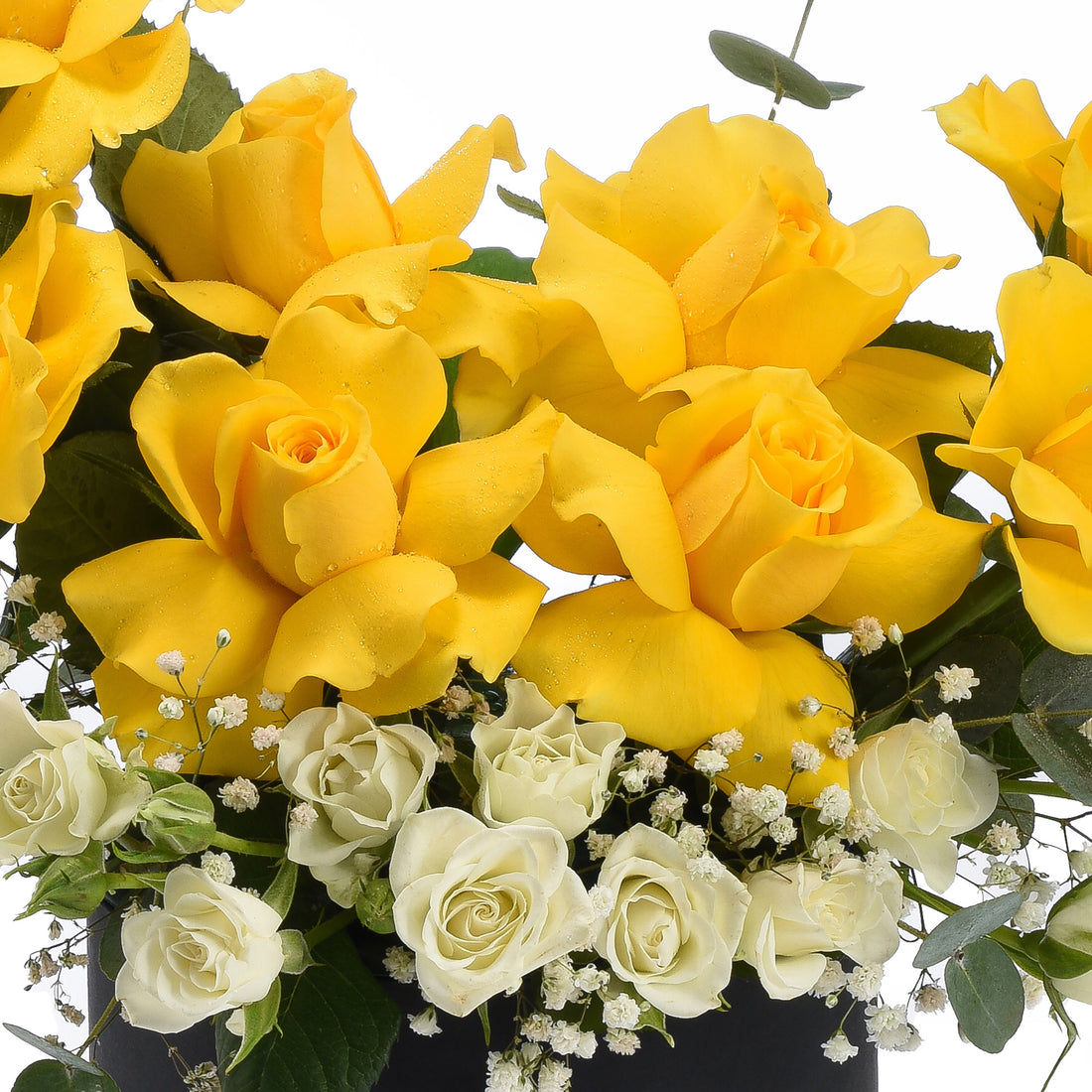 Vibrant yellow roses with dewdrops, accented by creamy white blooms and greenery.
