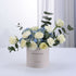 White roses and blue hydrangeas in beige "Happy Birthday" box.