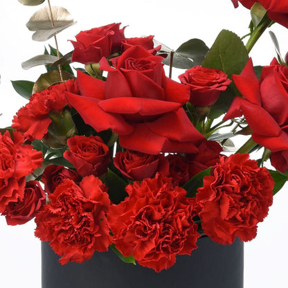 Vibrant red roses and carnations in sleek black vase, lush greenery accent.