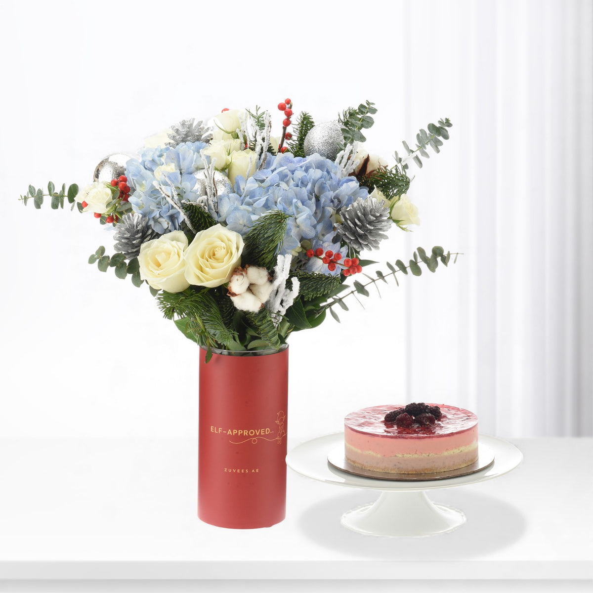 Frosted Blue Reverie Vase with Cake Combo - Zuvees.ae