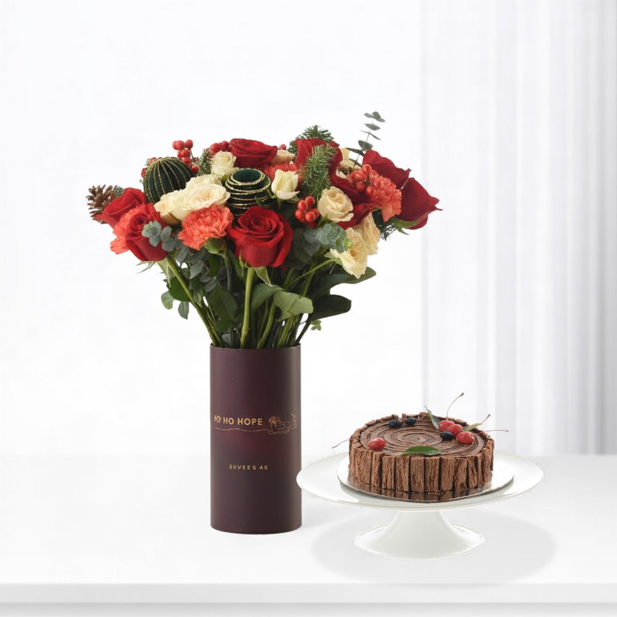 Crimson Ember Christmas Vase with Cake Combo - Zuvees.ae