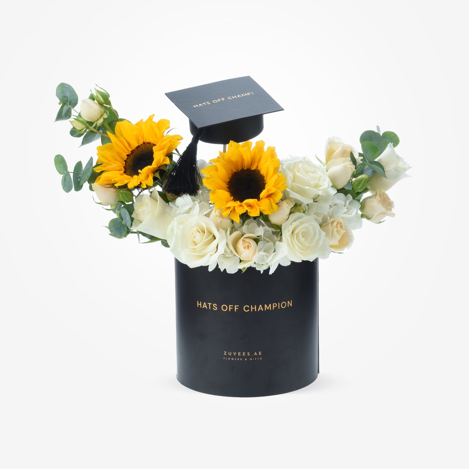 Black "Hats Off Champion" box with sunflowers, white roses, and a graduation cap.