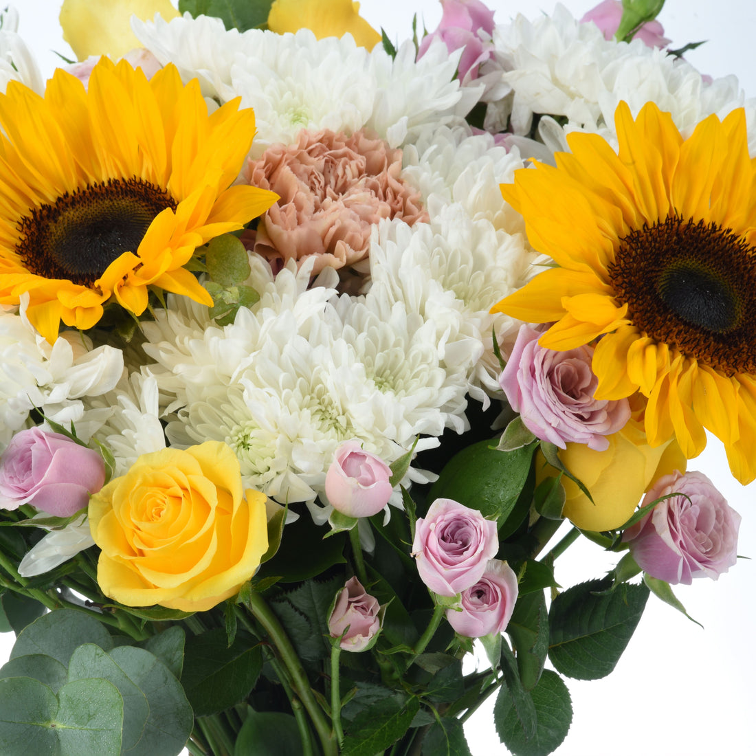 Vibrant sunflowers, roses, and chrysanthemums in yellow, pink, and white.