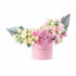 Pink box with roses, hydrangeas, silver leaves; "YOU INSPIRE!" text, elegant gift bouquet.