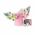 Pink roses, hydrangeas, silver leaves in pink "YOU INSPIRE!" box with strawberry body care set.