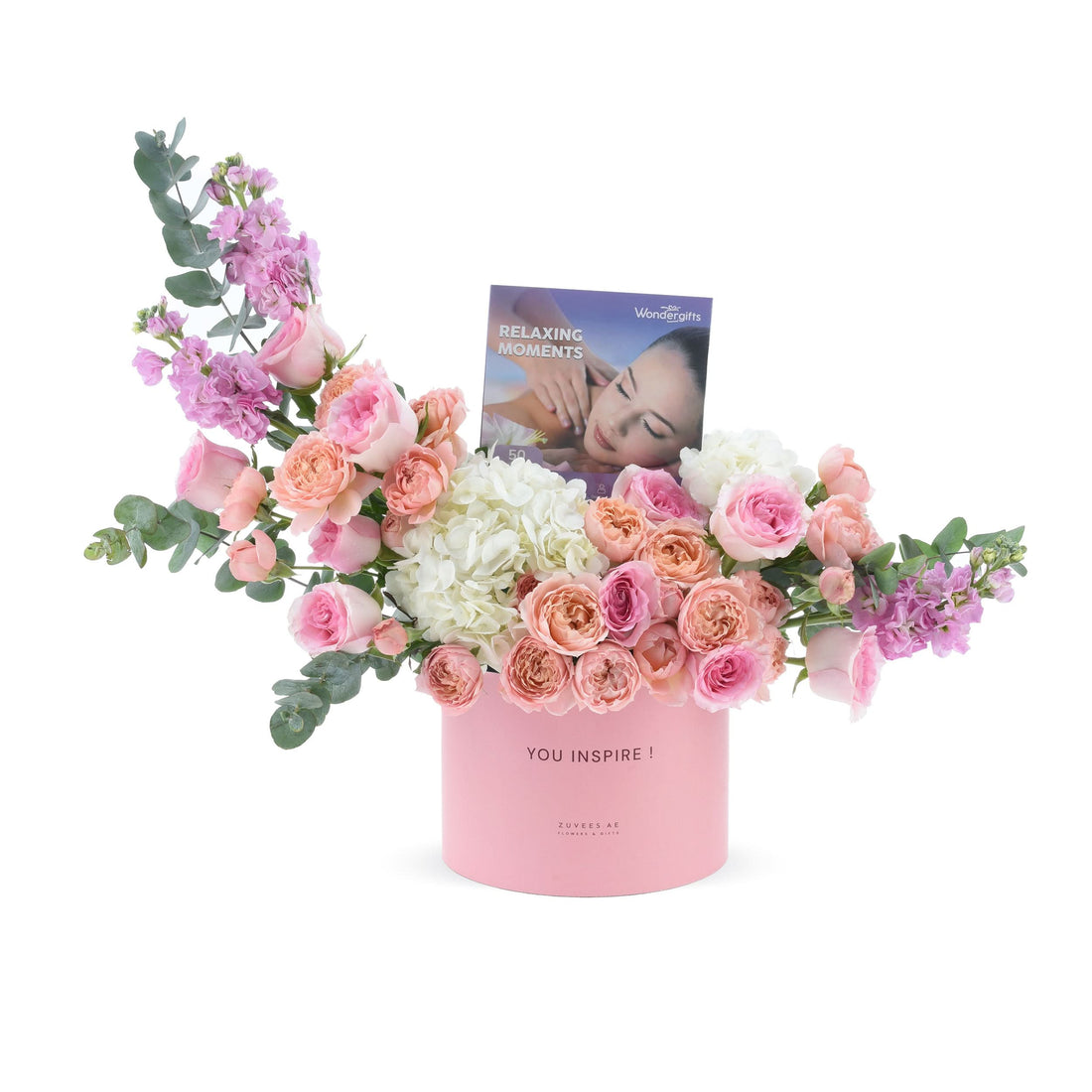 Pink box with roses, hydrangeas, eucalyptus, "You Inspire!" text, and spa gift card.