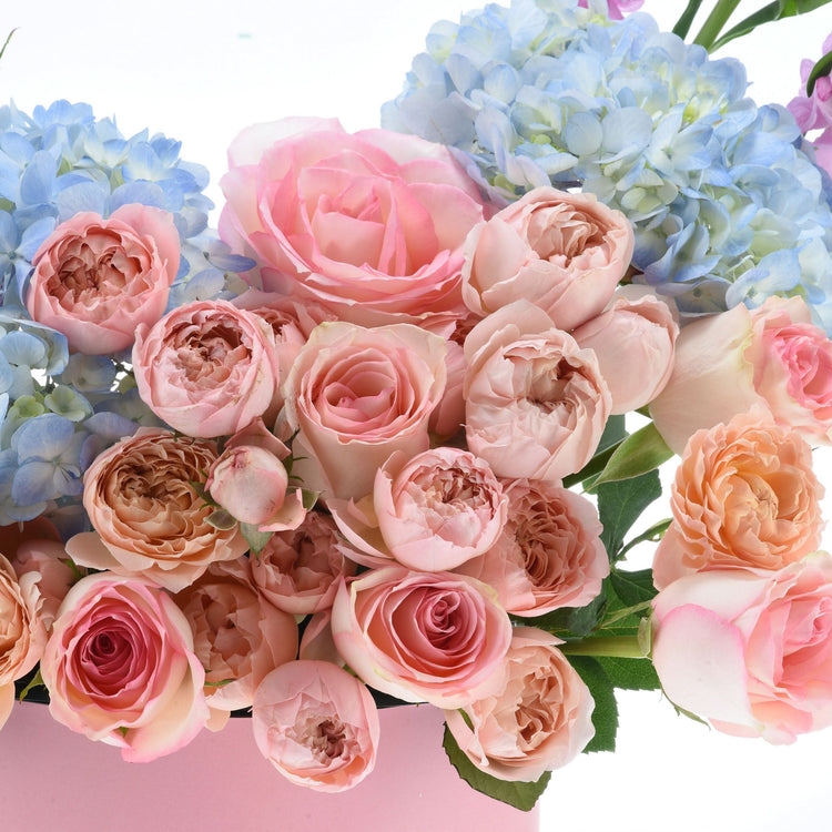 Soft pink roses and blue hydrangeas in pastel-toned floral arrangement.