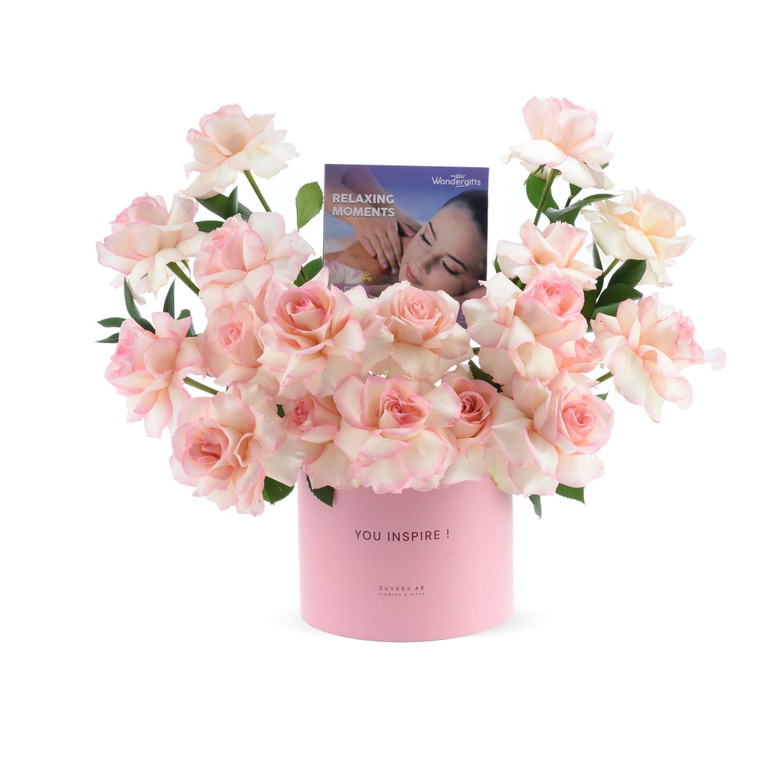 Soft pink roses in pastel pink cylinder vase with "You Inspire!" message.