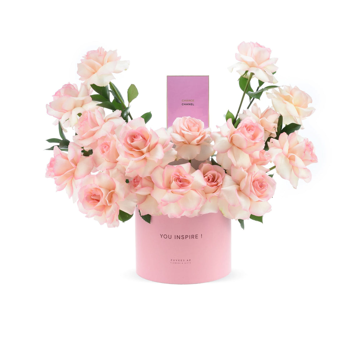 Soft pink roses in round box with “YOU INSPIRE!” message and Chanel perfume.
