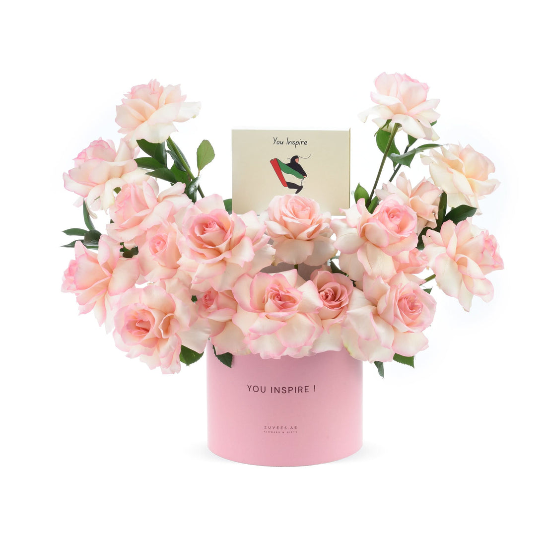 Soft pink roses in pastel pink cylinder, “You Inspire” card included.