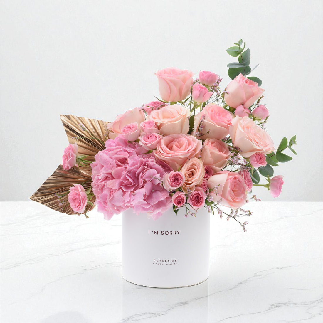 Soft pink roses and hydrangeas in white box with "I&