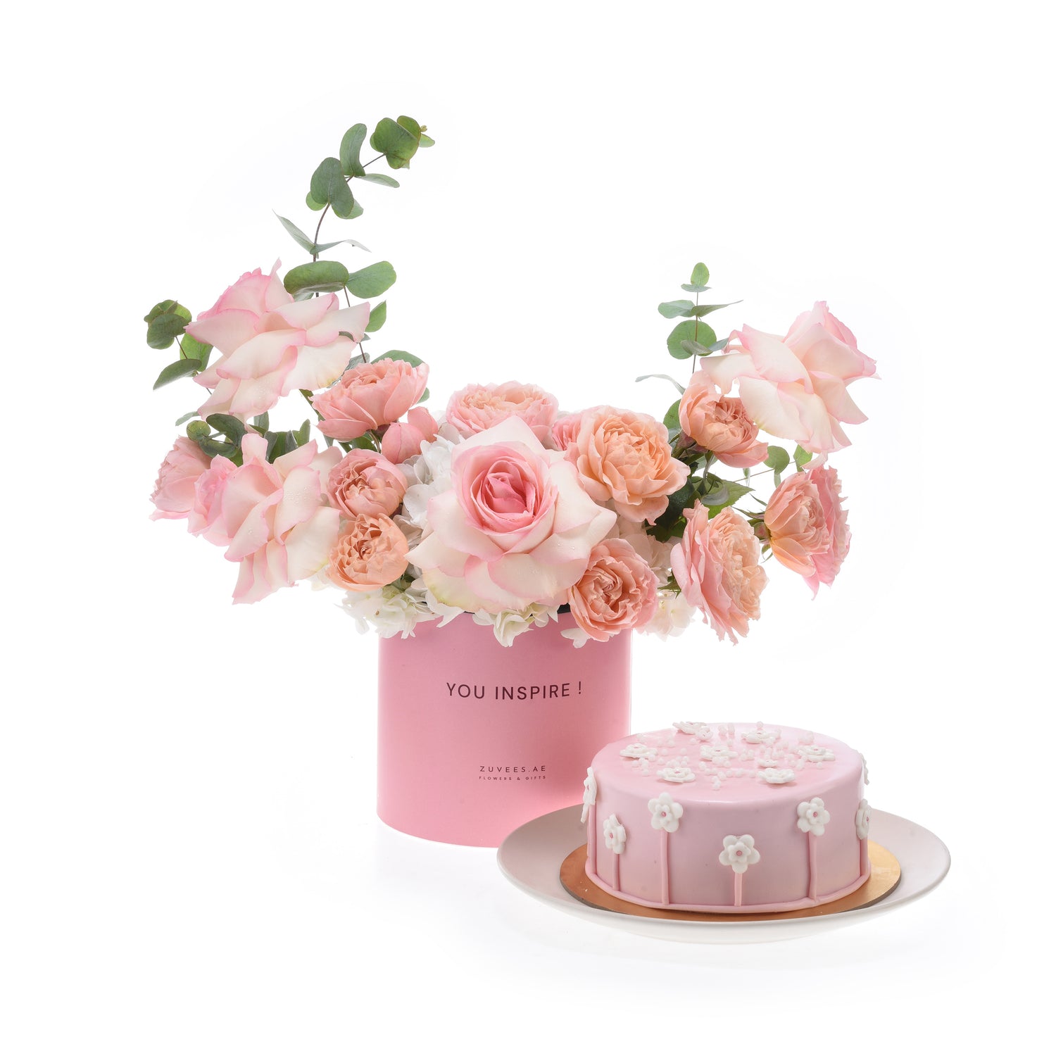Pink roses and cake in matching box, "You Inspire!" gift set.