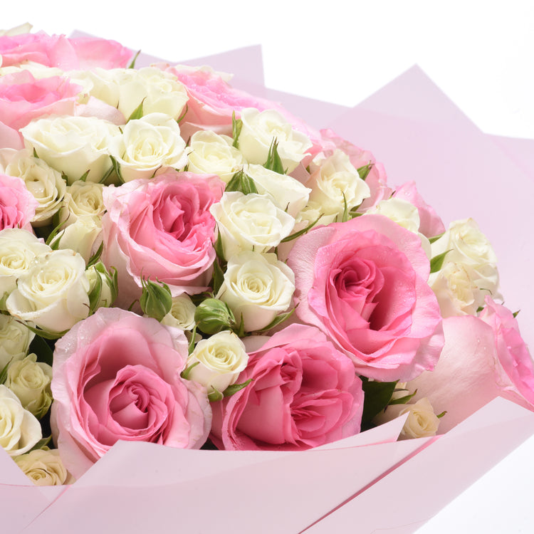 Soft pink and cream roses in delicate, dew-kissed bouquet wrapped in matching paper.