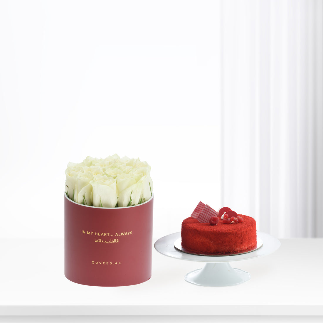 Calm White Roses Love Box Cake Combo - Zuvees.ae
