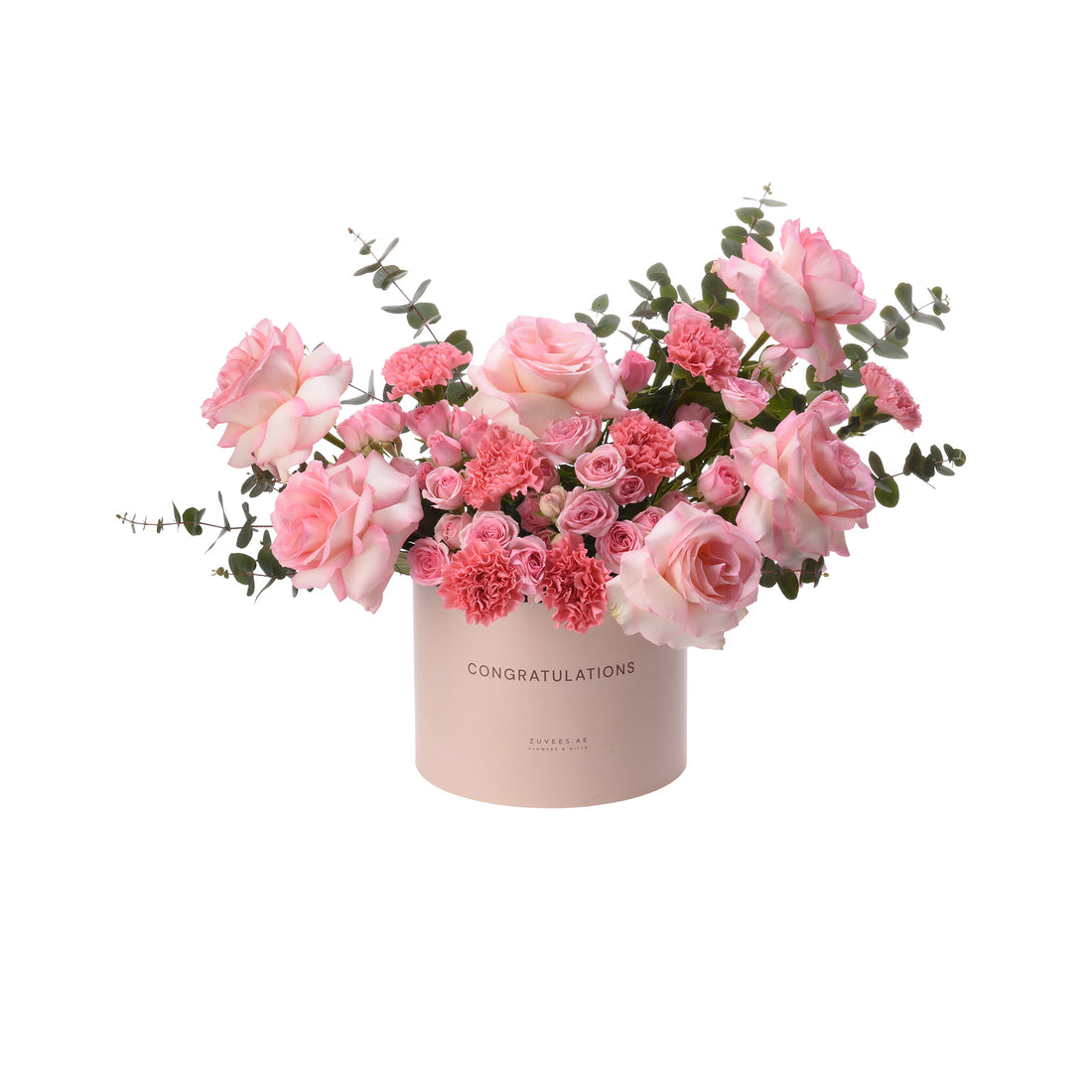 Soft pink roses and carnations in elegant "Congratulations" gift box.